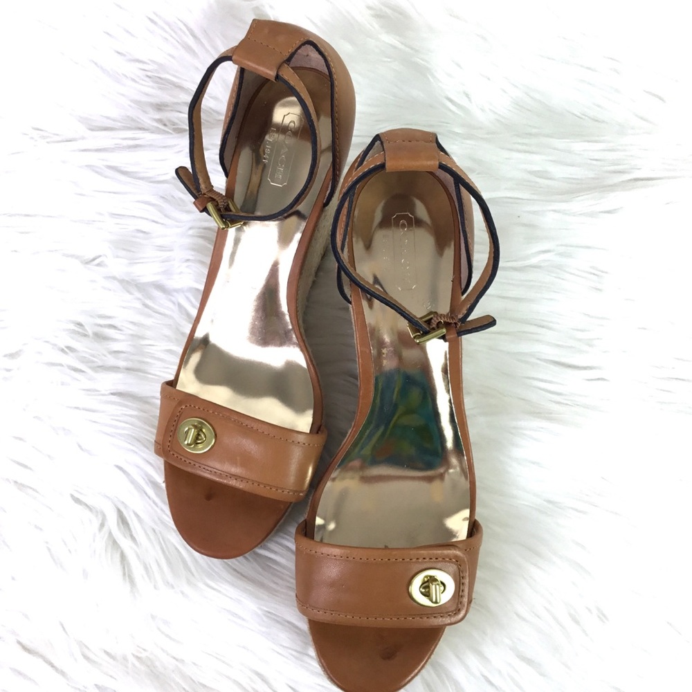 Coach Wedge Adjustable Ankle Straps Sandals Tan Leather trim Size 10B - Picture 6 of 12